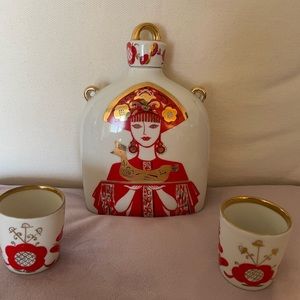 Lomonosov porcelain vodka decanter with two shot glasses. Made in Russia